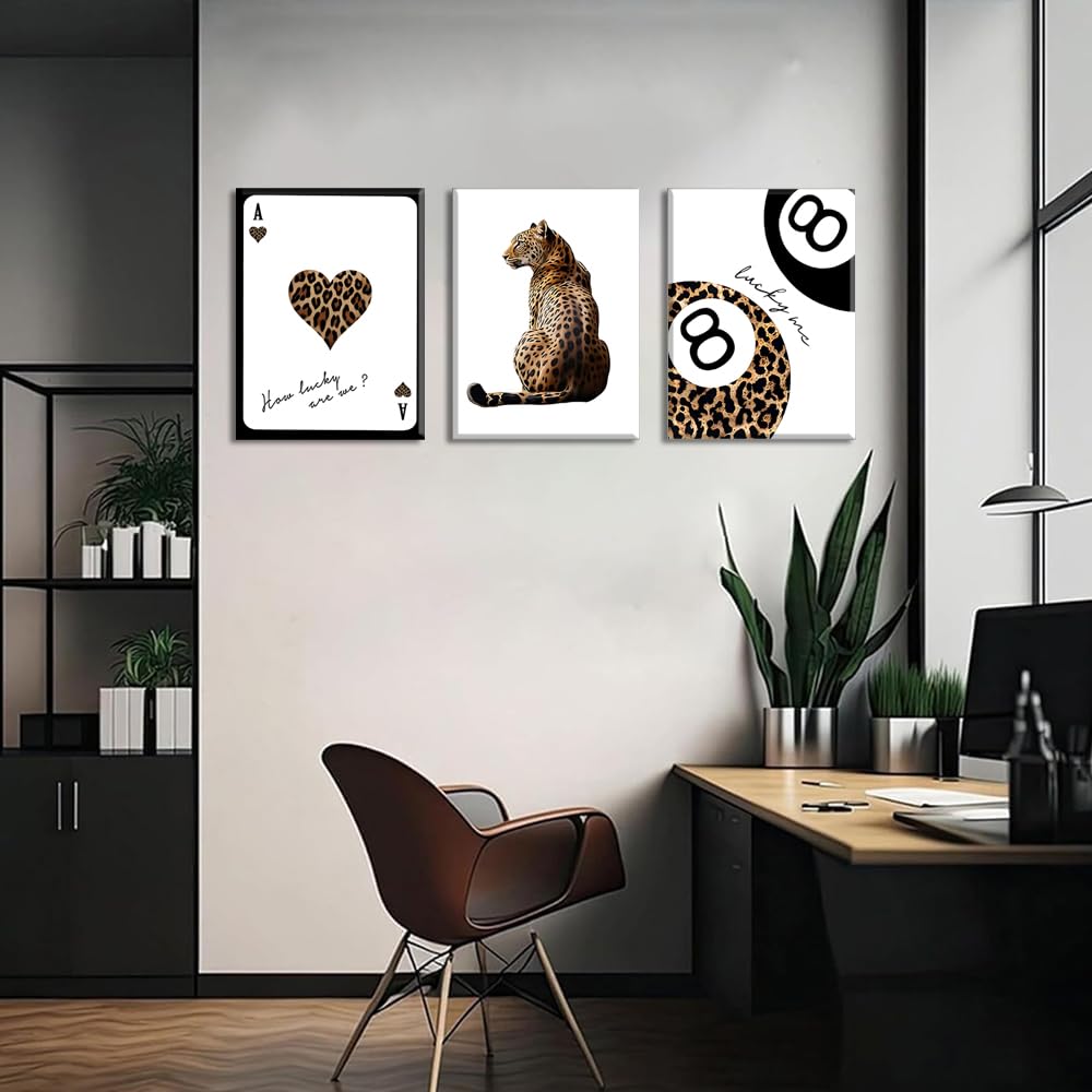 Trendy Leopard Wall Art Set of 3 Cheetah Print Canvas Wall Decor Lucky 8 Ball Paintings Posters Prints Preppy Room Aesthetic Pictures Artwork for Living Room Bedroom Apartment Dorm 12x16inch Framed