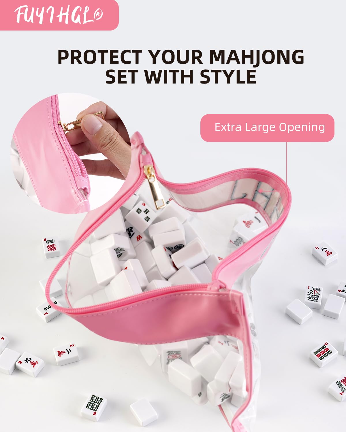 FUYIHGL® American Mahjong Tiles Bag with Zipper - Pink Empty Clear Carrying Case Only - Tiles Storage Holder with Embroidery Lettering - Up to 166 Tiles - Mah Jongg Accessories and Gifts for Women