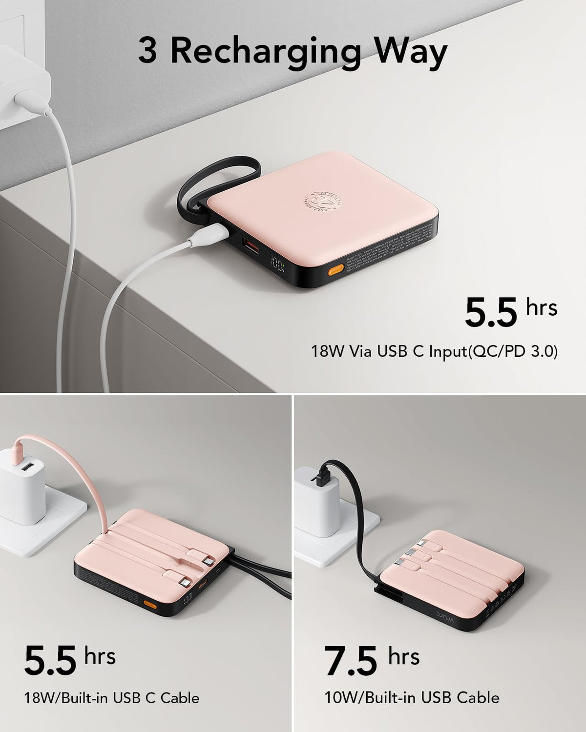 VRURC 20000mAh Power Bank Built-in Cables, Travel Essentials, Portable Charger 22.5W Fast Charging USB C Battery Pack, Phone Battery for iPhone 17 15 14 13 12 11 x Samsung Android Phone,Pink(1 Pack)
