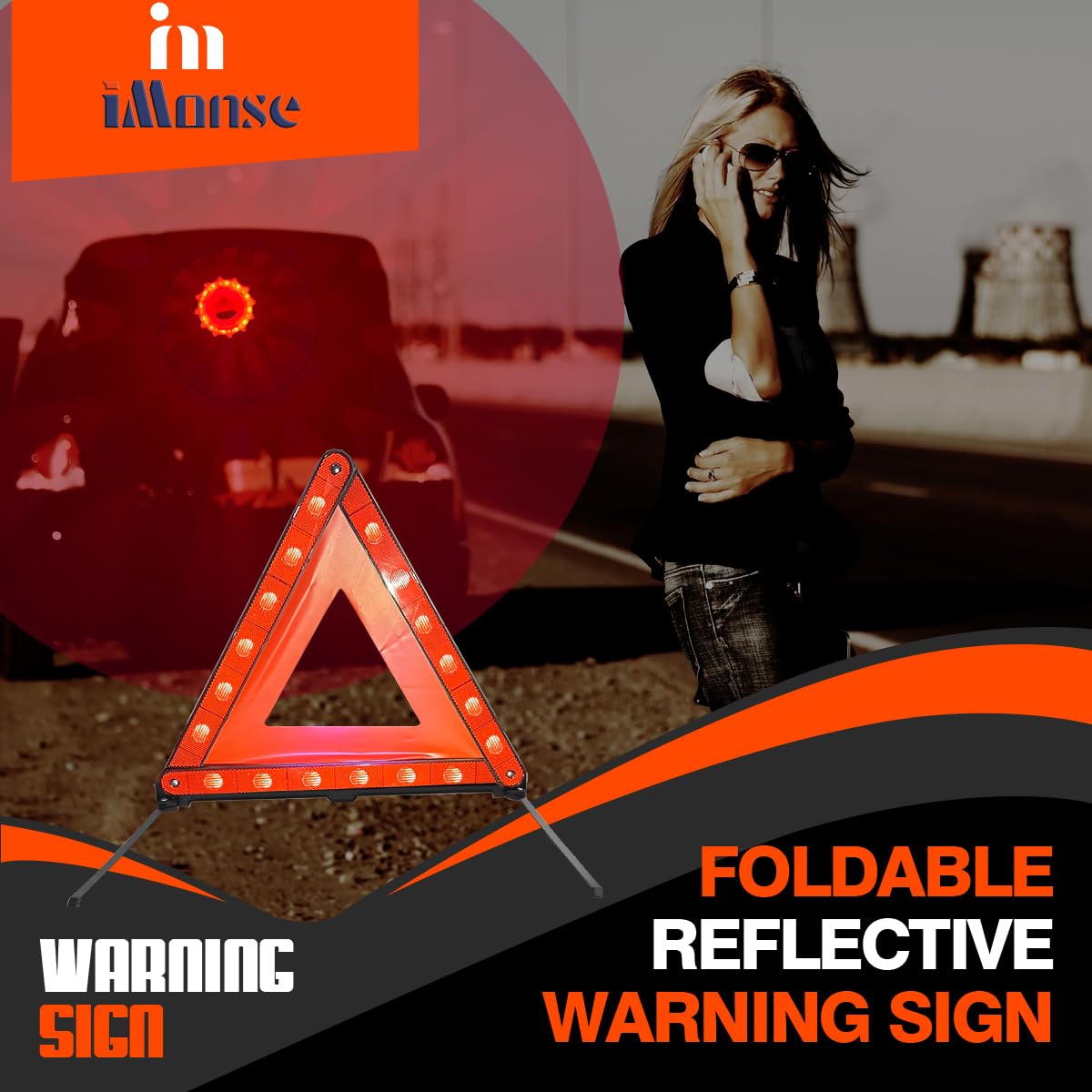 iMonse Warning Safety Triangle Kit, Emergency Roadside Warning Reflective Triangle 2 Packs with 1 LED Road Flare Light, Foldable with Storage Case for Roadside Breakdowns Emergencies