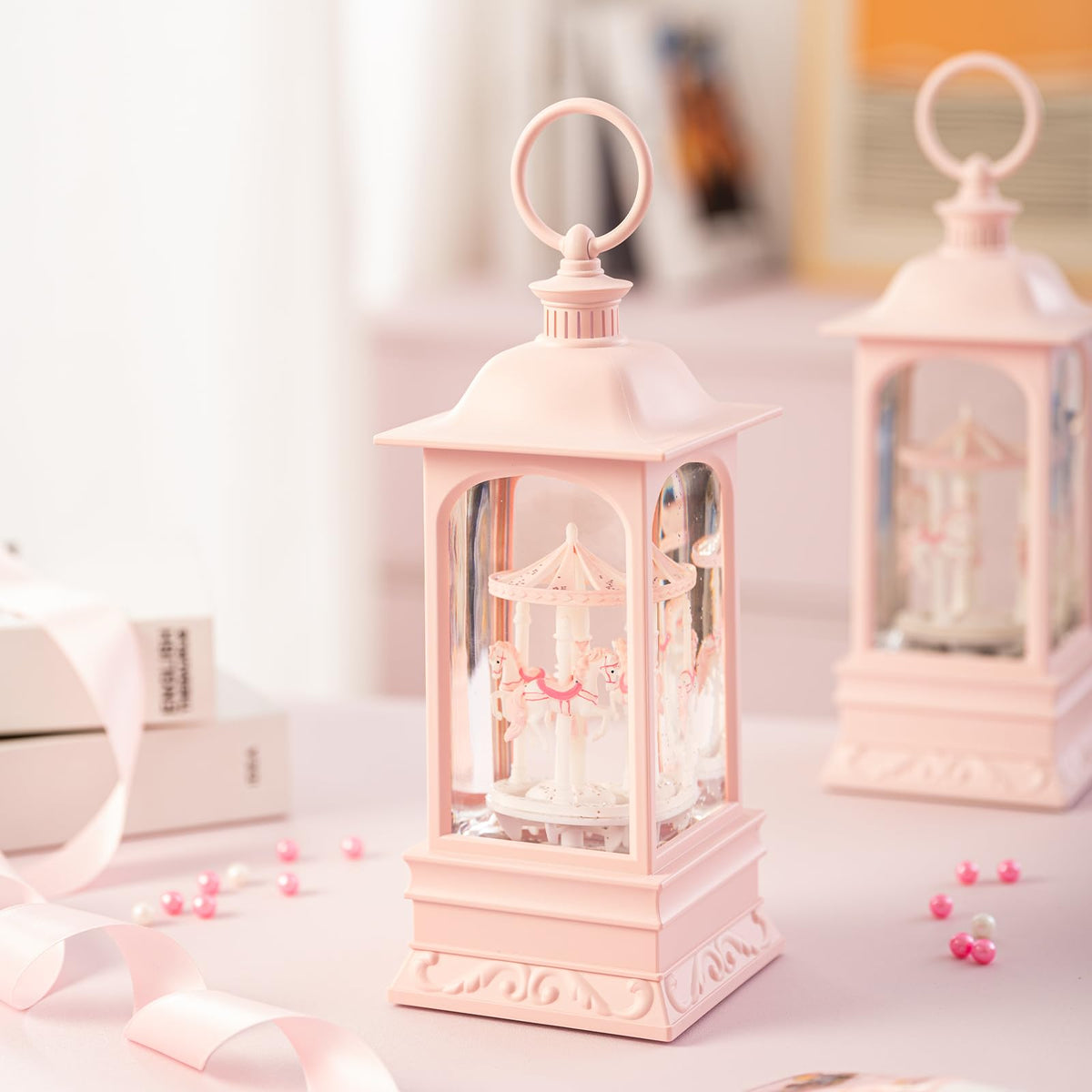 LOVE FOR YOU Glitter Snow Globe Lantern Music Box Carry Light Carousel Horse Room Decoration for Girls and Women Kids Sister Daughter Mom Granddaughter Grandma Christmas Birthday Presents Gifts