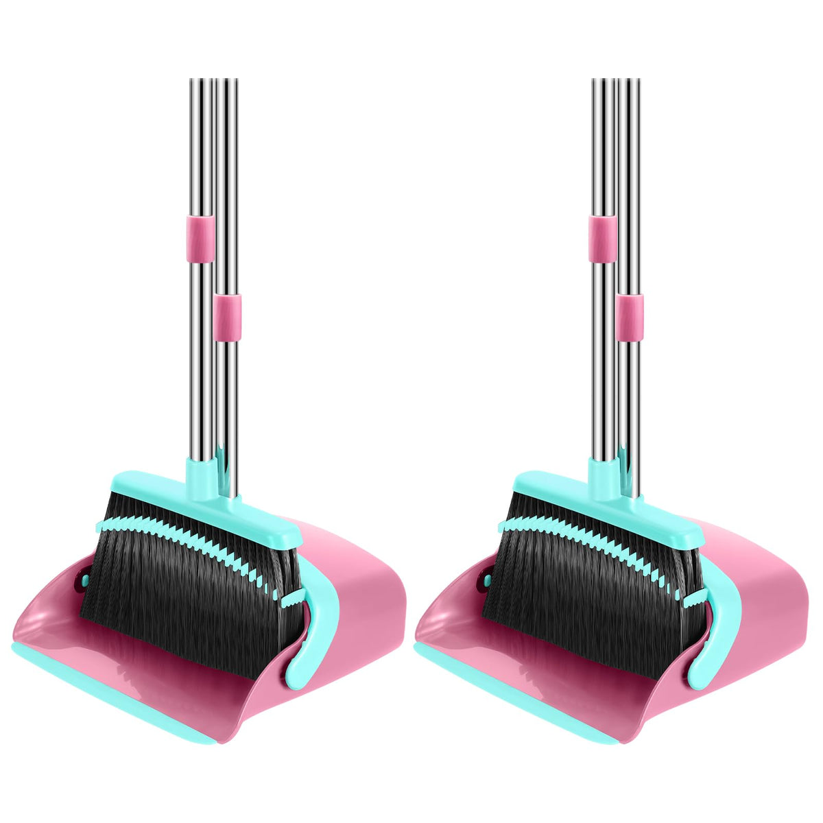 Broom and Dustpan Set, 52-in Long Adjustable Handle Broom Dustpan Combo with Dust pan Teeth to Automatically Clean Hair Suitable for Home Kitchen Office Hall Floor (Pink&Blue), 2 Pack