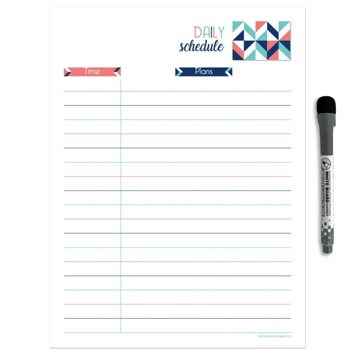 Dry Erase Daily Schedule Planner Sticker Decal by Glassboard Studio | Removable & Reusable | Magnetic Fine-Tip Marker Included (9 x 12 inches, Geometric)