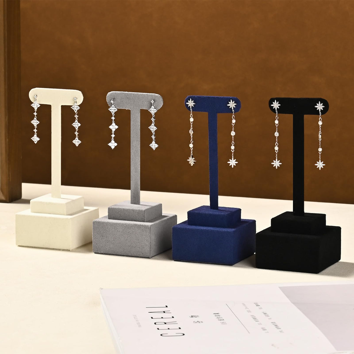 Woodten Microfiber T-Bar Earring Display Stand Compact Jewelry Earrings Holder for Jewelry Stores, Exhibits(Blue)