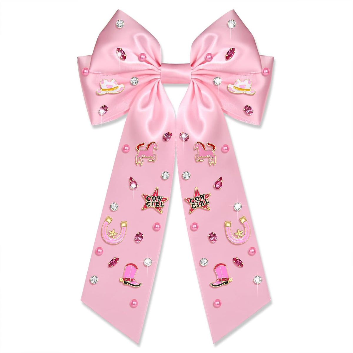 Skiennix Western Hair Bows - Jeweled Cowgirl Clips for Women | Big Pink Hair Accessories