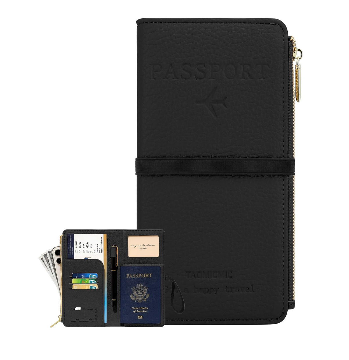 DOB SECHS Passport Holder for Travel Women Leather Passport Wallet RFID Blocking Passport Cover Case with Card Slots, Slim Travel Document Organizer Pouch Bag Zipper Cash Pocket Purse+ID Window, Black
