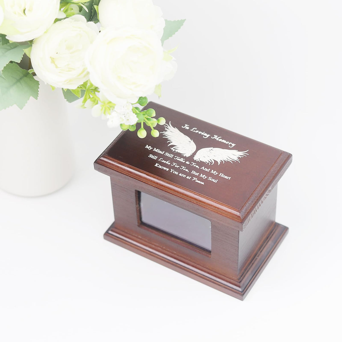 5.5 Inch Small Wooden Memorial Urn with Photo Frame, Keepsake Urn Box for Human/Pet Ashes - Wing