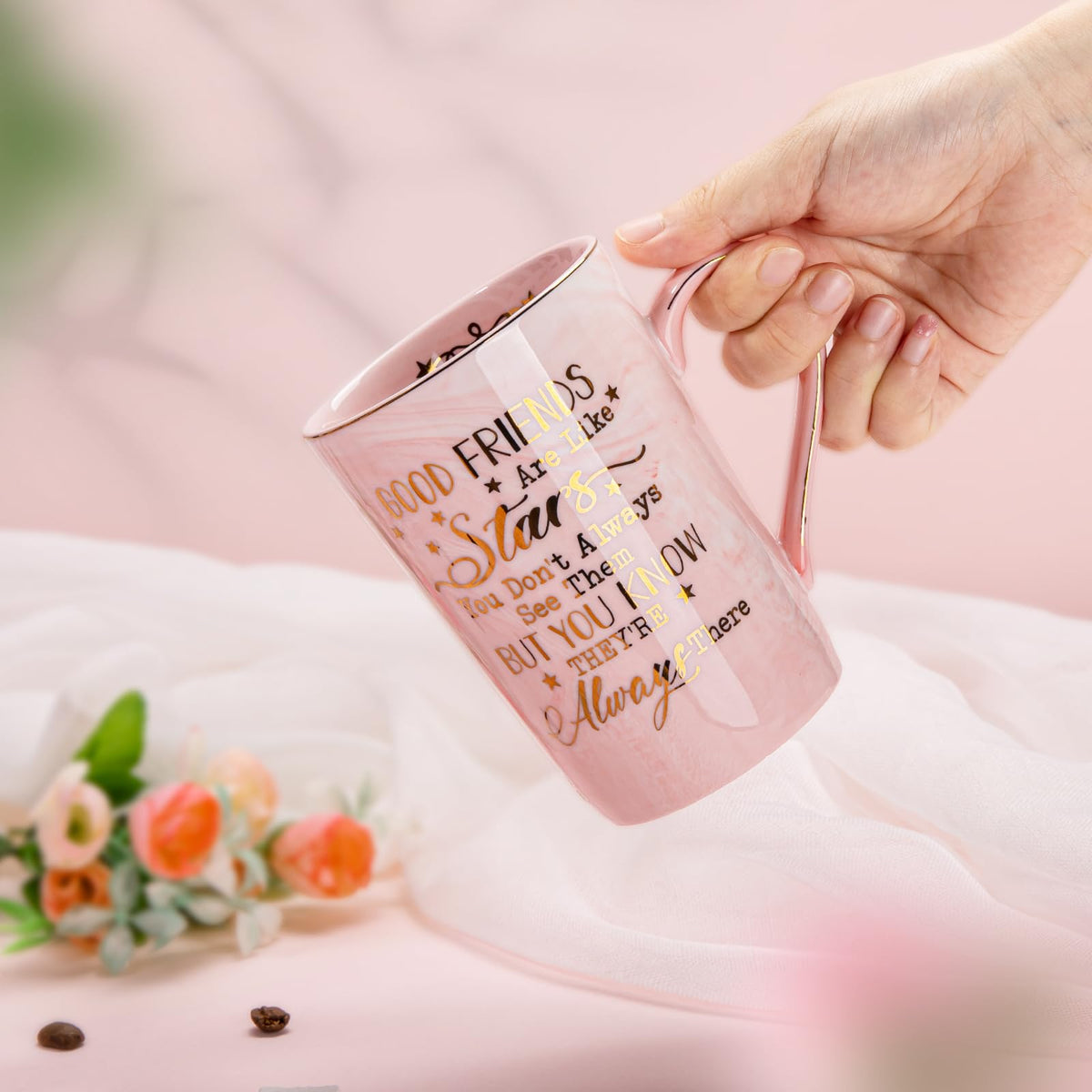 Best Friend Birthday Gifts for Women, Friendship Gifts for Women, Unique Mothers Day Birthday Gift Ideas for Her, Friends Female, Besties, BFF Ceramic Marble Coffee Mug Gift Box Printed Gold 14 oz