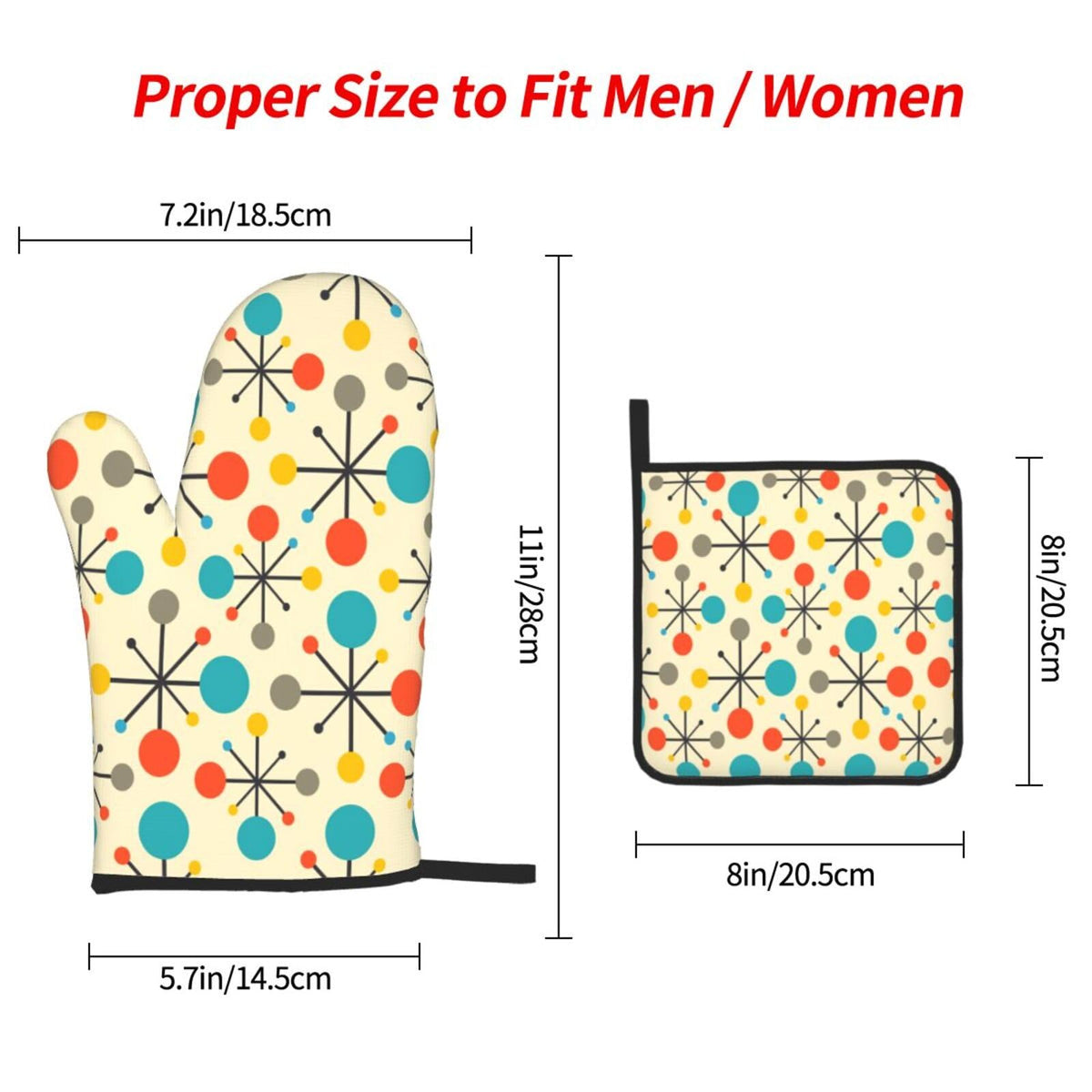 Mid Century Fifties Modern Atomic Retro Oven Mitts and Pot Holders Sets of 3, Yellow Kitchen Decor or Accessories, Heat Resistant Hot Pads Oven Gloves,Cooking Grilling Baking Gifts for Women
