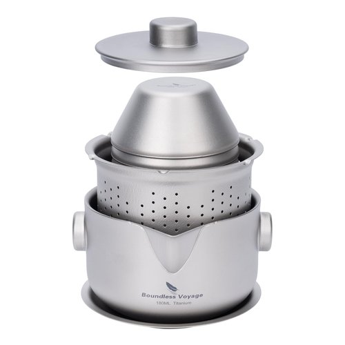 iBasingo 180ML Titanium Kung Fu Tea Set with 3 teacup Teapot with Strainer Dividing Cup Double-Layer Gaiwan Portable Tea Bowl Mug for Outdoor Camping Travel Picnic Backpacking Home Office Ti3137D
