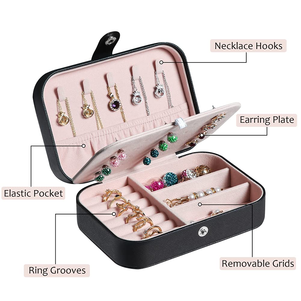 Hatori Travel Jewelry Box, PU Leather Small Jewelry Organizer for Women Girls, Portable Mini Travel Case Display Storage Holder Boxes for Stud Earrings, Rings, Necklaces, Bracelets (Black Beige)