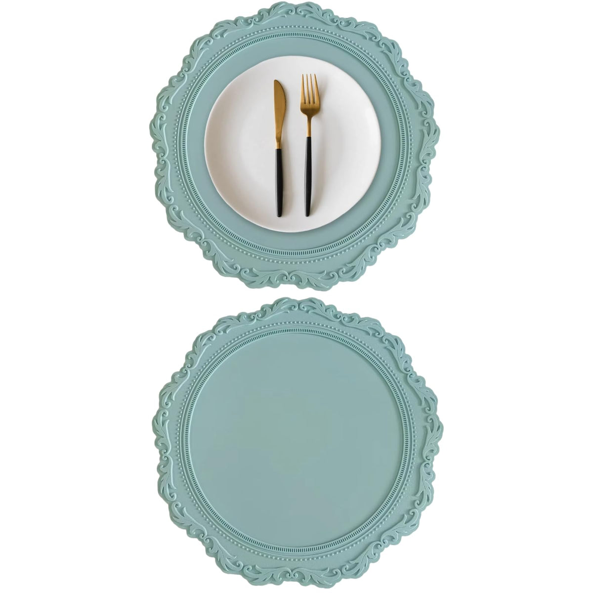 2 Pack Round Silicone Placemats Set, 13.38 Inch Diameter European Style Decorative Table Mats, Heat Resistant Waterproof Non-Slip Easy Clean Dish Mats for Dining Table & Kitchen Counter (Green)