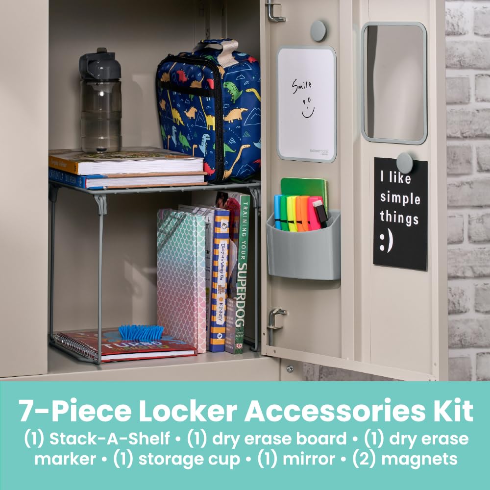 LockerMate by Bostitch 7-Piece Locker Organizer Kit, Includes Locker Shelf, Mirror, Whiteboard, Storage Cup & Dry Erase Marker - Gray
