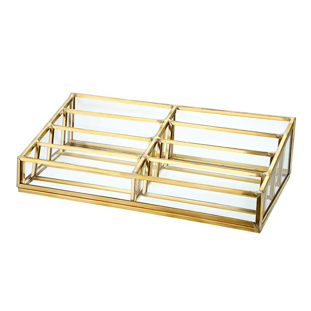 Hipiwe Glass Business Card Holder Stand 8 Slot Name Cards Display Storage Holder Gold Metal Business Cards Organizer for Office Desktop Countertop