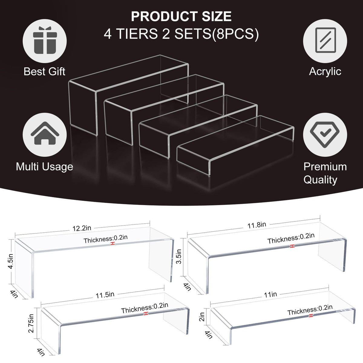 Acrylic Display Riser Stand of 8pcs, 5mm Thickness, 12'' Length Tierd Display Stands, Acrylic Shelf Risers for Perfume Display,Risers for Buffet Table,Cupcake Stand,Pop Figurines,Tumbler,Food