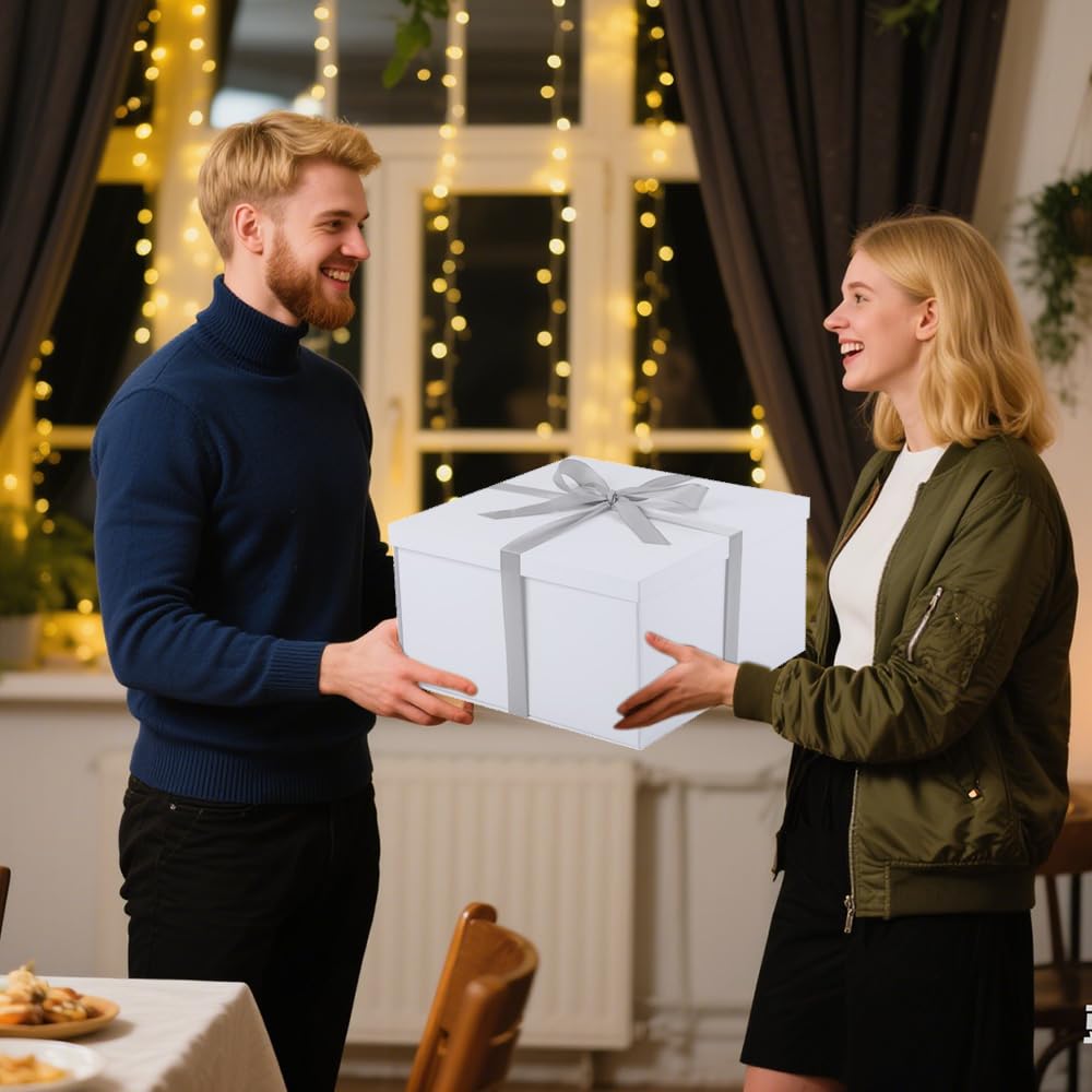 UoeRing 1Pcs White Extra Large gift box with lids 13×13×7 Inches gift boxes for presents,Birthday Box (include Ribbon, Paper Shred Filler Gift Card & Envelopes)