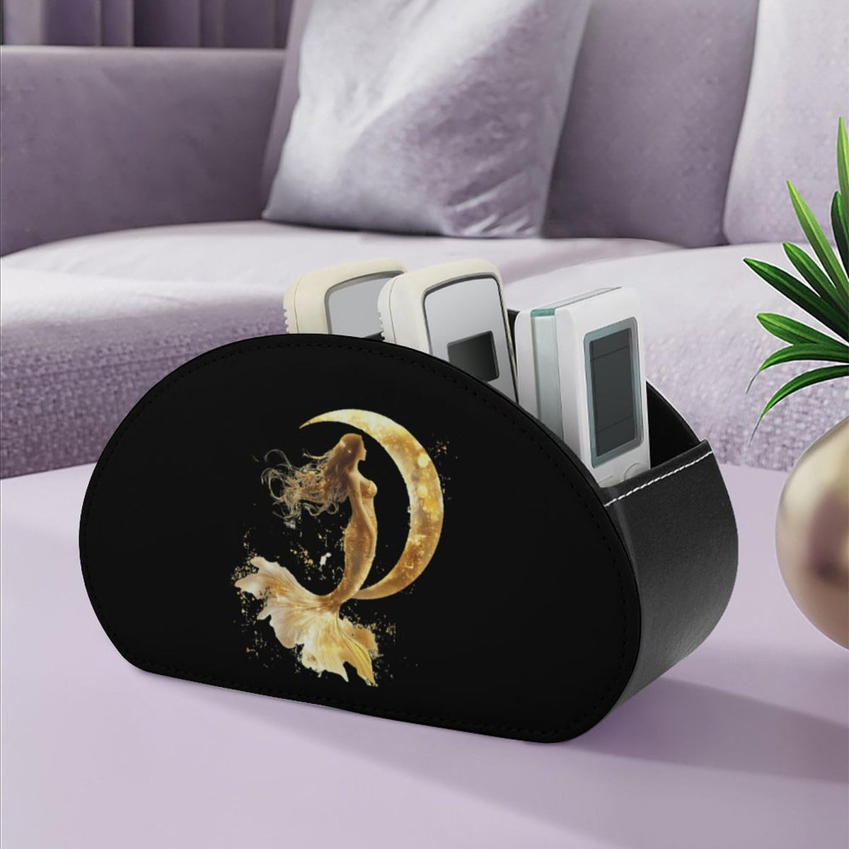 Golden Color Mermaid Moon Remote Control Holder with 5 Compartments Caddy Desktop Organizer for Home Office