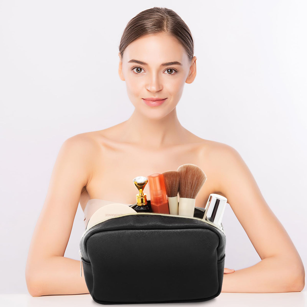 Sweetude 10 Pcs Makeup Bag Bulk for Women Preppy Gift PU Leather Cosmetic Bag Small Skincare Toiletry Pouch Wedding Travel Cosmetic Pouch for Bridesmaid Bride Mother Gift Favors (Black)