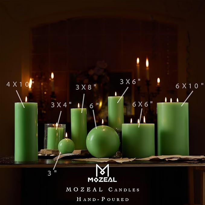MOZEAL 3" x 4" Hand-Poured Unscented Candle,Dripless Pillar Candle Set of 3,Long Clean Burning,Approx 72 Hours Burn Time,Rustic Country Style,Wedding,Dinner,Christmas and Home Decor,Green