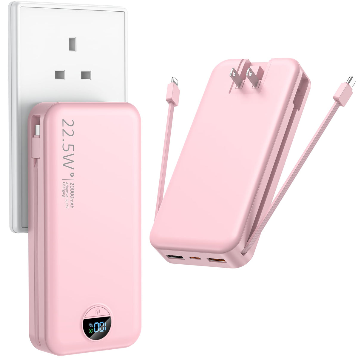 Ffnpua Portable Charger with Wall Plug, 20000mAh USB C Power Bank Fast Charging, External Battery Pack with Built in Cables, Digital Display, 5 Output 2 Input for iPhone Android Cell Phone Tablet