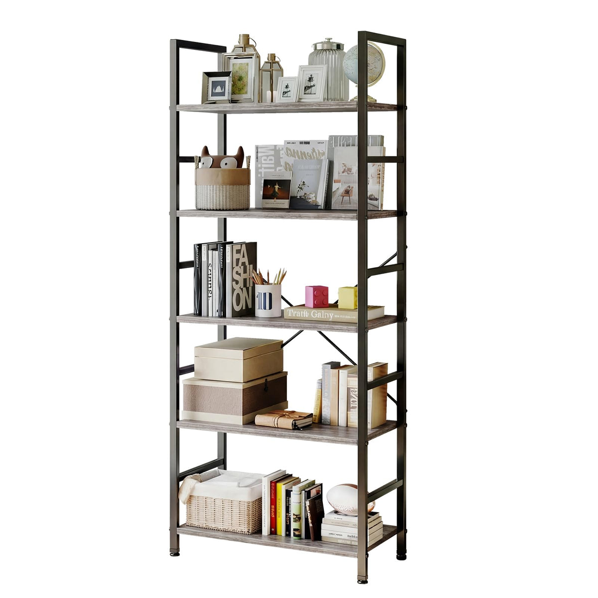 Sweetcrispy Book Shelf, 5 Tier Bookcase, Modern Tall Bookshelf for Garage Kit, CDs, Movies, Industrial Corner Storage Organizer for Bedroom Home Office Kitchen Living Room, Wood Grey
