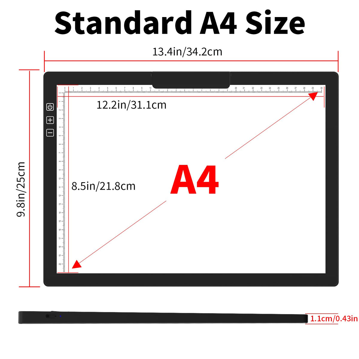 HIUKCOLED Rechargeable A4 Light Pad, Battery Powered Light Board with Top Clip＆Stand, Stepless Dimmable＆6-Level Brightness Adjustable, Wireless LED Tracing Box for Diamond Painting,Drawing,Sketching