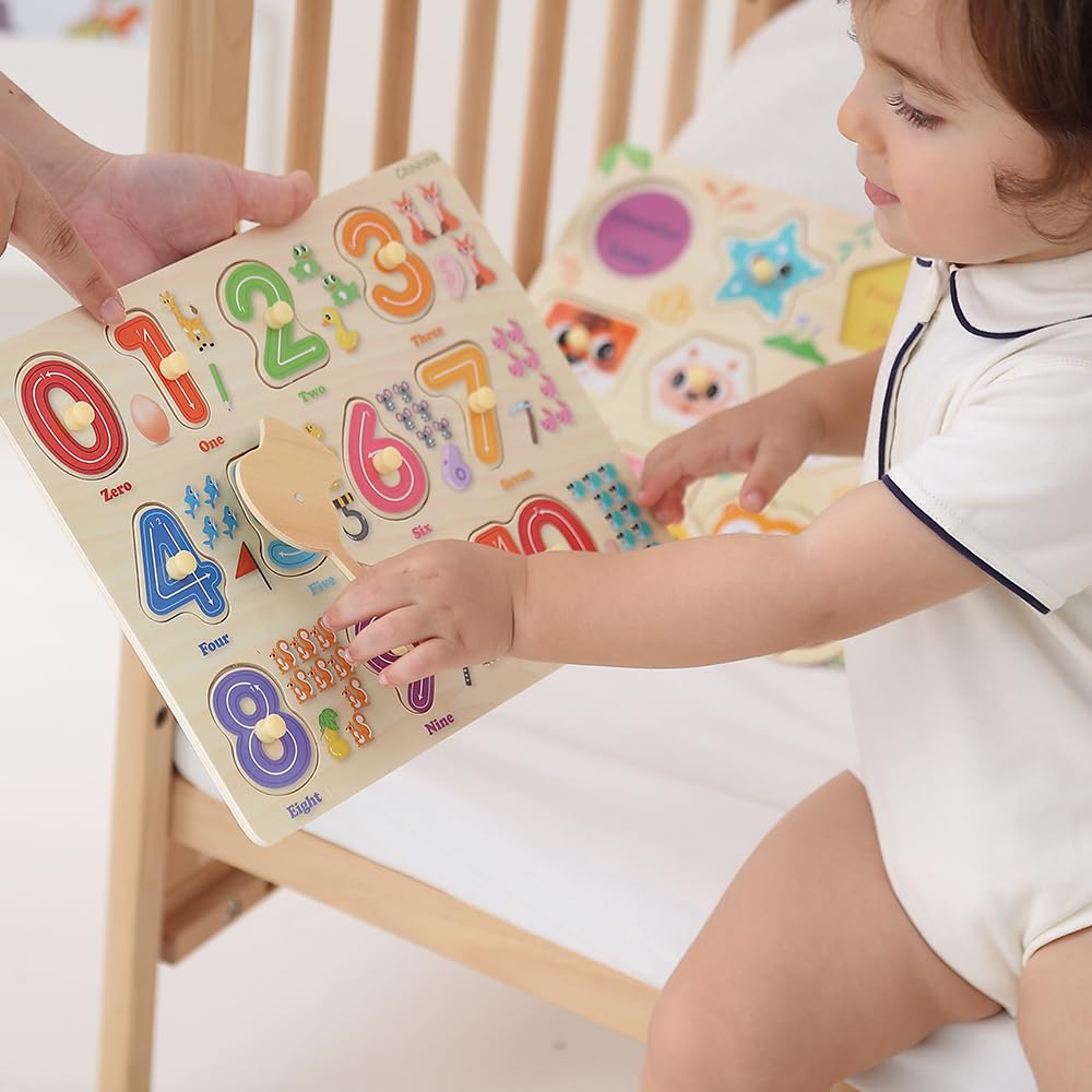 GRINNNIE 9 Pack Montessori Toddler Puzzle for 3 4 5 Years Old, Wooden Learning Puzzle for Toddlers 3-5, Animal, Alphabet, Number, Shape Peg Puzzles Set, Great Birthday for Boys Girls