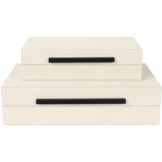 ZIKOUL Beige Shagreen Decorative Storage Boxes – Set of 2 Faux Leather Jewelry & Memory Boxes with Black Metal Handles, Nesting Photo Organizers for Home Decor, Gift, and Office Organization