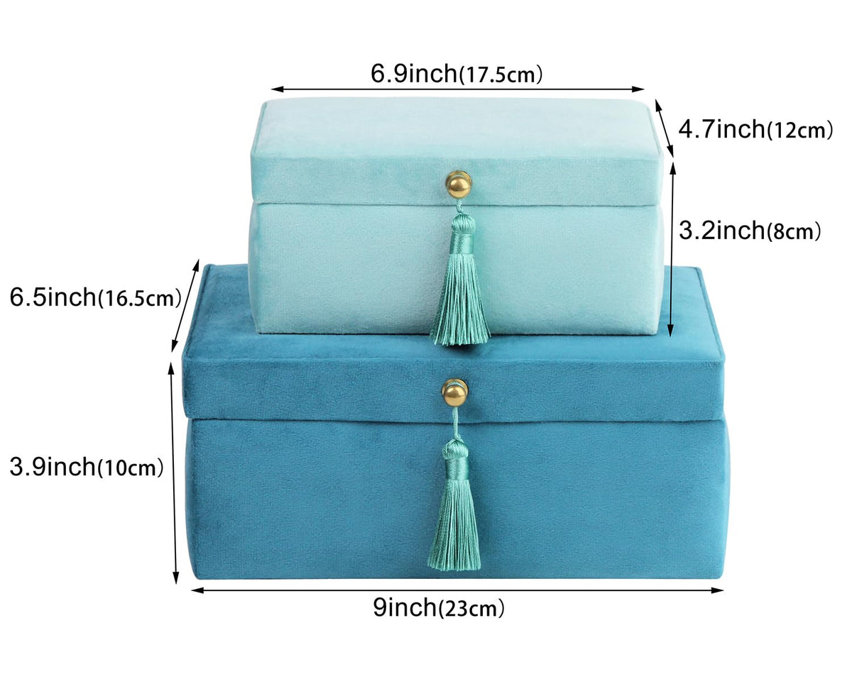 HofferRuffer Velvet Jewelry Boxes Decorative Boxes, Storage Accessory Organizer Boxes with Elegant Handle Decor, Classic Velvet Set of 2 Pieces (Blue)