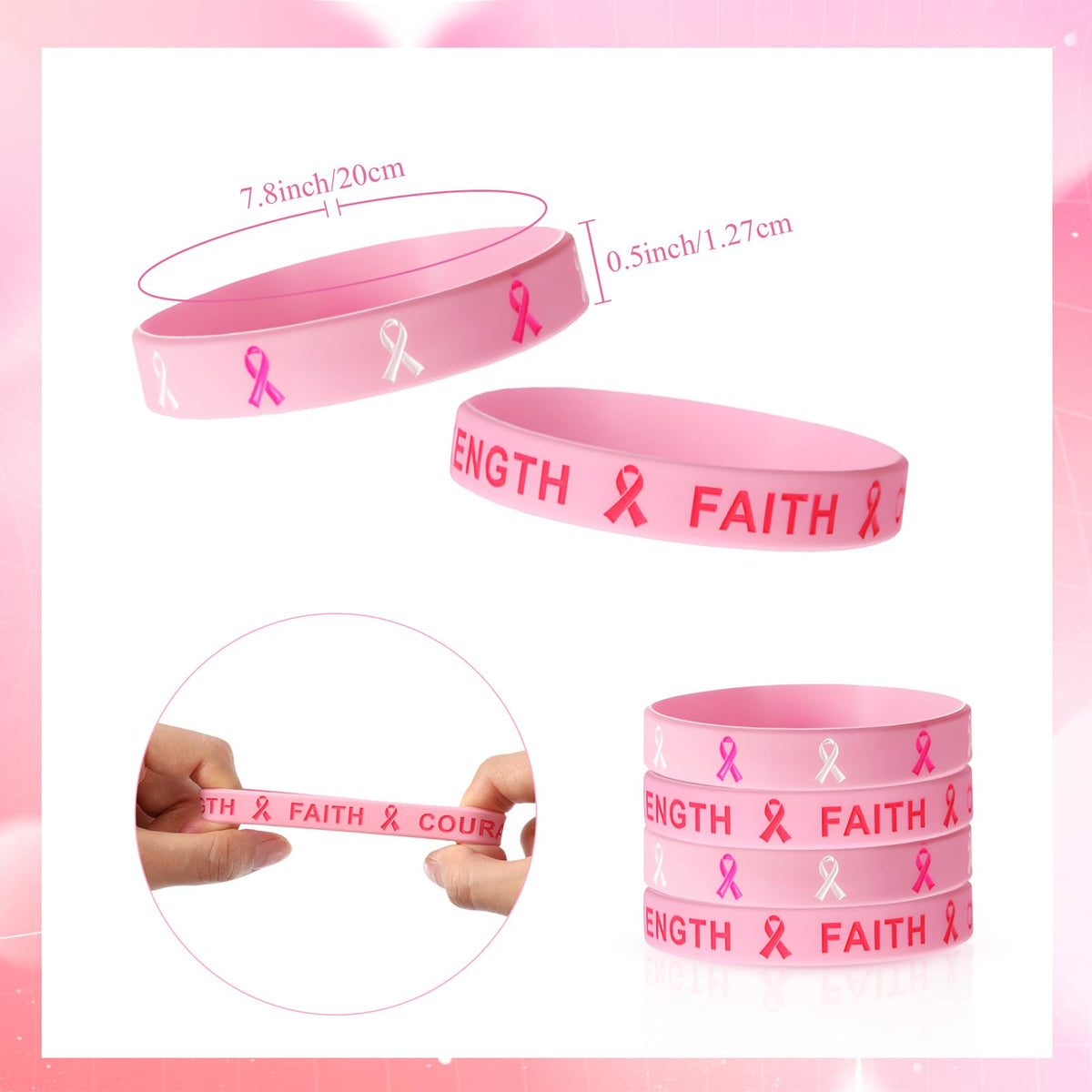 Wettarn 48 Pcs Breast Cancer Awareness Wristbands Silicone Pink Ribbon Cuffs Bulk Wrist Bands Football Inspiring Pink Sweatbands Awareness Gifts for Women Gym Athletic Sports Athletic Party Favors