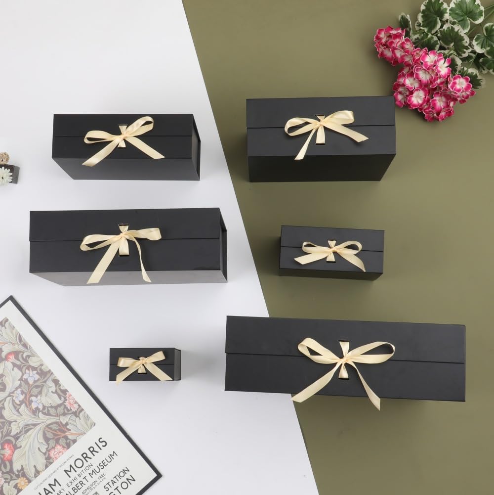 BoxSkivra Large Black Gift Box with Ribbon 1 Pack 16.5X13X5.3 Inch Extra Large Gift Box with Lid Magnetic Closure Rectangle Collapsible Luxury Boxes for Wedding Dress、Shredded Paper Filler & Card