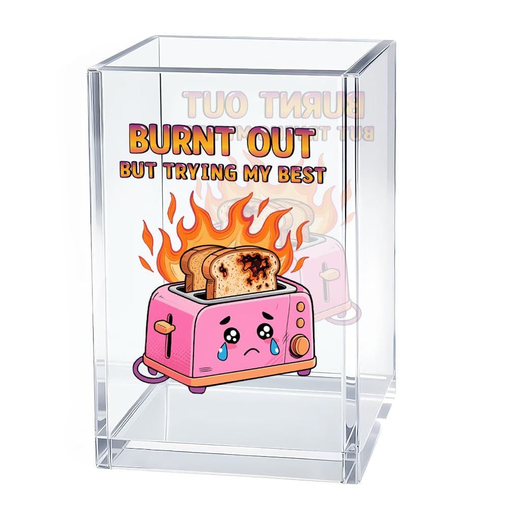Gkodw Burnt Out But Trying My Best Acrylic Pen Holder Cosmetic Organizer, Funny Dumpster Fire Pen Pencil Holders for Desk, Desk Accessories Office Gifts for Coworker Social Worker Teacher Therapist