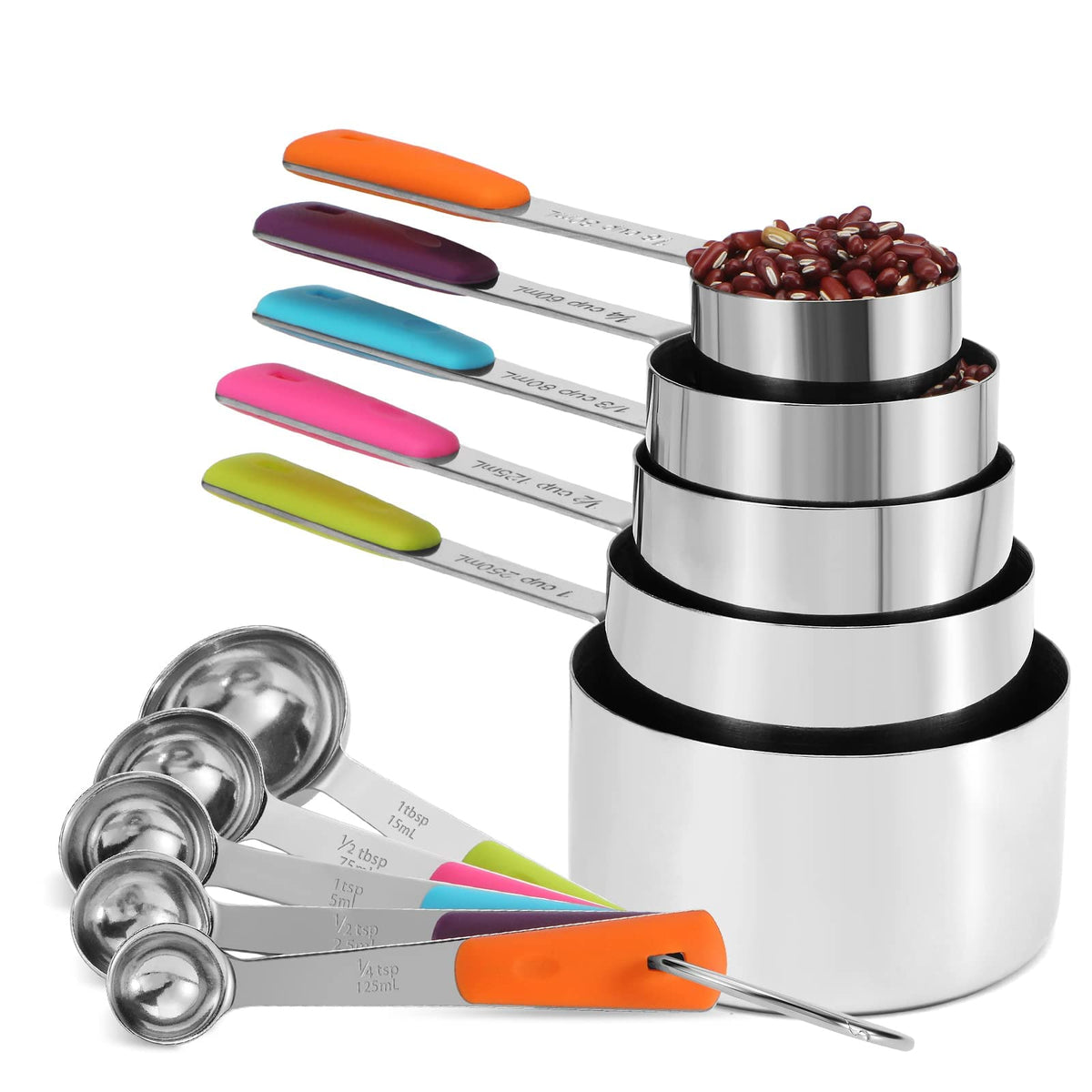 Bopei Measuring Cups and Spoons Set Stainless Steel 10 Piece for Cooking and Baking (5 Cups + 5 Spoons, Colorful Handles)