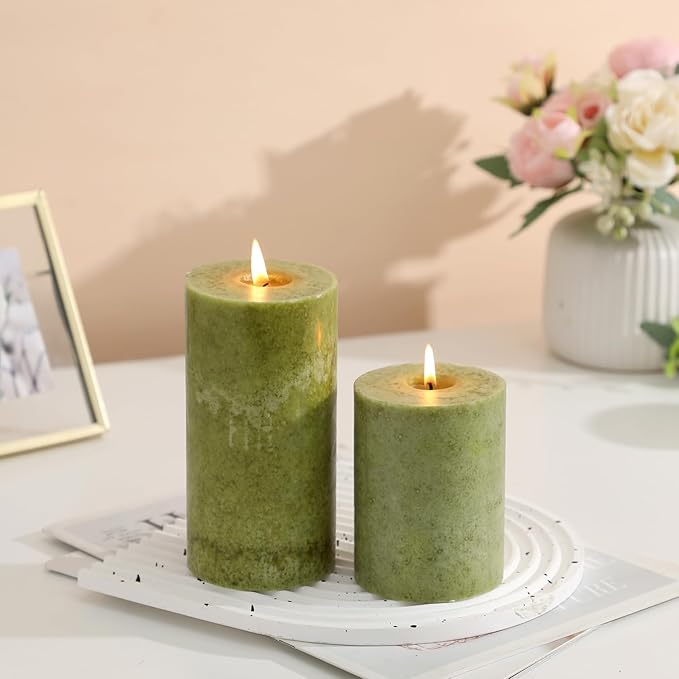 3x6 inch Green Pillar Candles Set of 3, Unscented Pillar Candle, Dripless and Smokeless Large Candles, Candle for Home Decor, Dinner Table,Weddings, Holidays