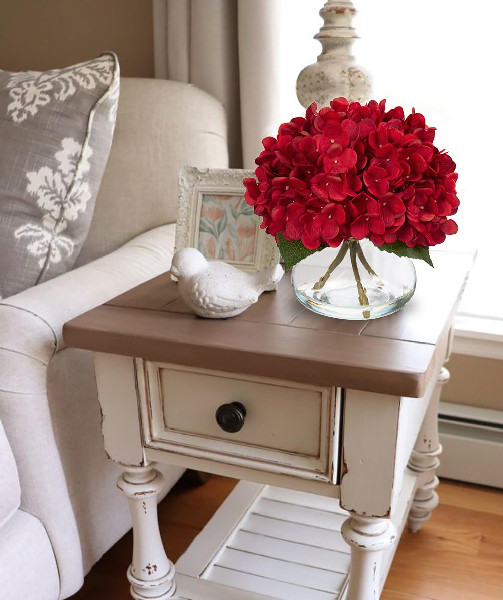 Hollyone Hydrangea Artificial Flowers in Vase Red Silk Fall Fake Flowers Arrangements with Glass Vase with Faux Water Faux Floral Bulk Bouquet for Office Table Centerpiece Shelf Home Decorations