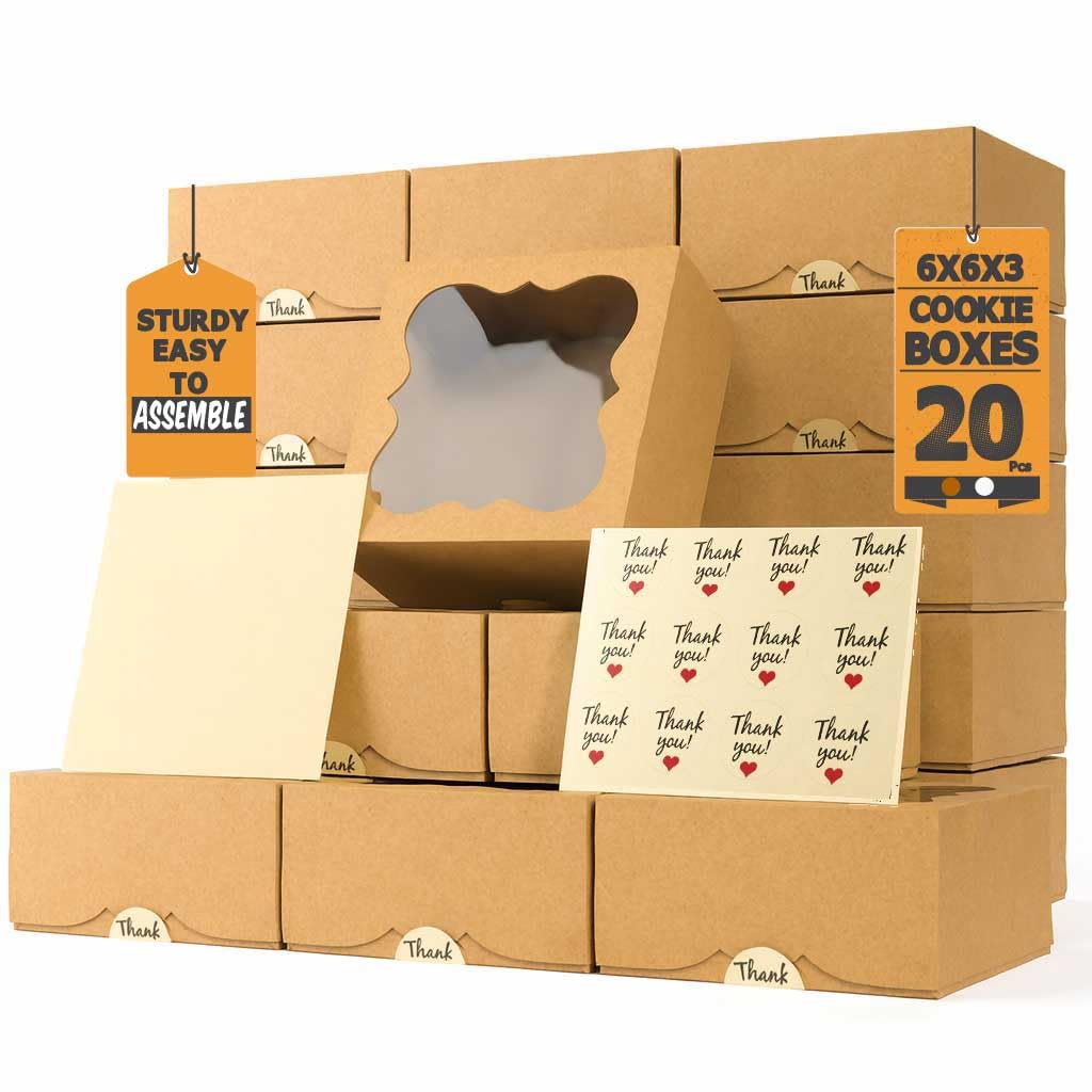 20 Pack Cookie Boxes for Gift Giving – 6X6X3 Inches Bakery Boxes with Window - Extra Thick Small Cookie Containers for Treats, Desserts, Strawberries, Cupcakes, Candy, Charcuterie, Baked Goods, Pastry