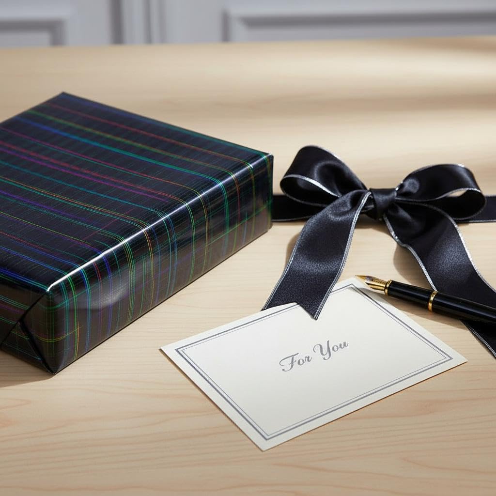 komforbaa Black Gift Wrapping Paper, Metallic Iridescent Holographic Gift Wrap with Rainbow Grid Design, for Birthday, Graduation, Holiday, Party, Wedding, Father's Day, 17InX 33 Ft (43cm×10m)