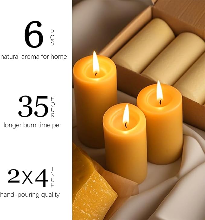 6 Packs Natural Beeswax Candles, 100% Pure Beeswax Pillar Candles for Emergency Prayer Home Decor, Bees Wax Candle for Relax, Smokeless & Dripless [2x4 inch]