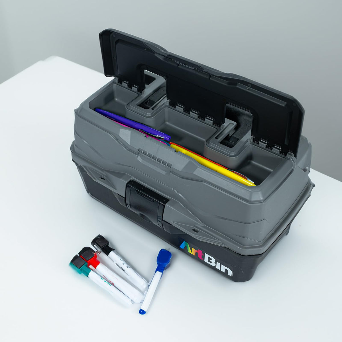 ArtBin 6892AG 2-Tray Art Supply Box, Portable Art & Craft Organizer with Lift-Up Trays, [1] Plastic Storage Case, Gray/Black