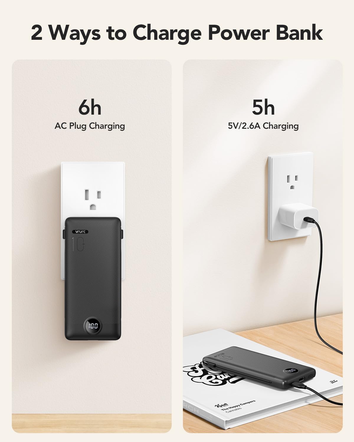 Portable Charger,Power Bank Built-in Cables and AC Wall Plug,VRURC USB C Portable Bank 10000mAh,Travel Essentials Phone Charger Compact Lightweight External Battery Pack for Smart Phones,Tablets-Black
