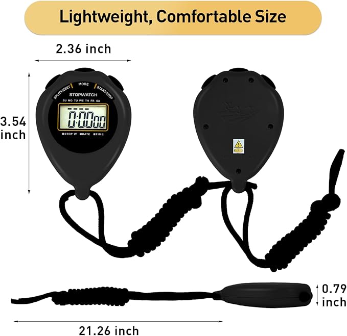 Stopwatch Sport Timer, 2 Pack Large Display Digital Stopwatch Timer with Date Time, No Alarm Silent Easy to Set Stopwatches for Sports, Coaches, Kids, Swimming and Running (Black)