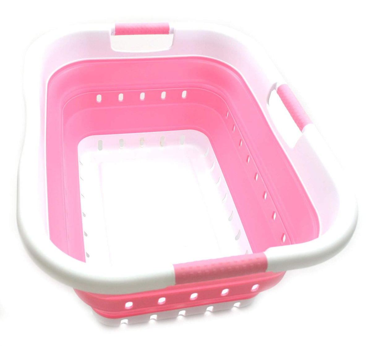 SAMMART 41L Collapsible 3 Handled Plastic Laundry Basket - Foldable Pop Up Storage Container/Organizer - Portable Basket - Space Saving Hamper/Basket (3 handled rectangular, White/Pink)