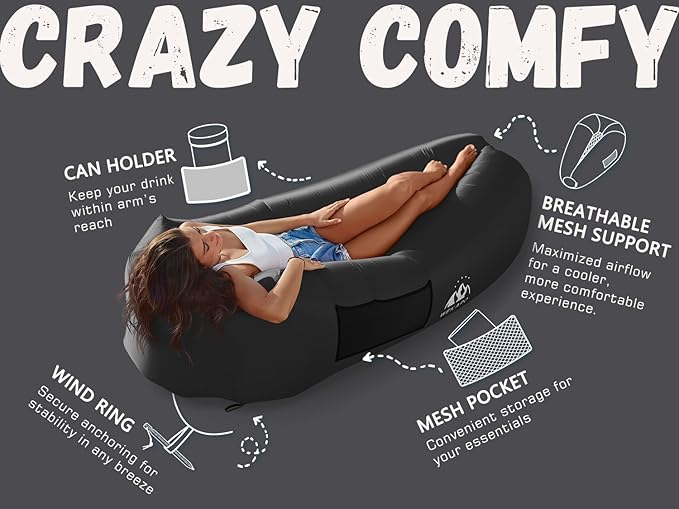 WEKAPO Inflatable Couch with Pump - Easiest Setup, Crazy Comfy & Ultralight - Blow up Lounger Chair Perfect for Hiking, Camping, Beach, Festivals - Lightweight Air Sofa for Relaxing Anywhere (Black)
