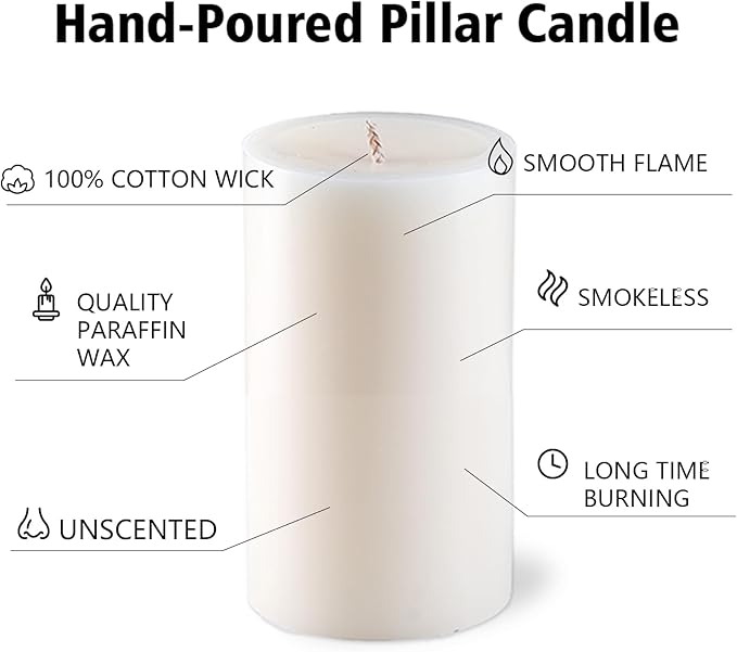 12 White Pillar Candles, 3x4 Inches Unscented Pillar Candles for Home,Wedding,Church, Dripless and Smokeless Table Candles Pillar, White Candles for Party, Relaxing, Approx 50 Hours Long Burning Time