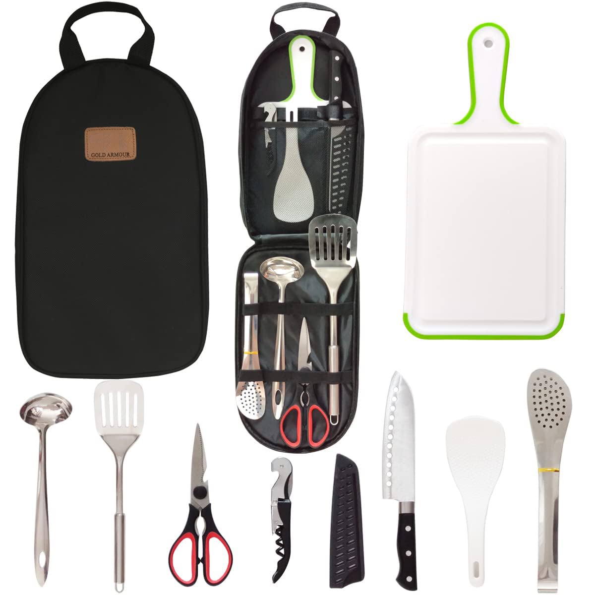 Camp Kitchen Utensil Organizer Travel Set Portable BBQ Camping Cookware Stainless Steel Utensils Travel Kit Outdoor Equipment Cutting Board Tongs Scissors Knife Ladle Spatula