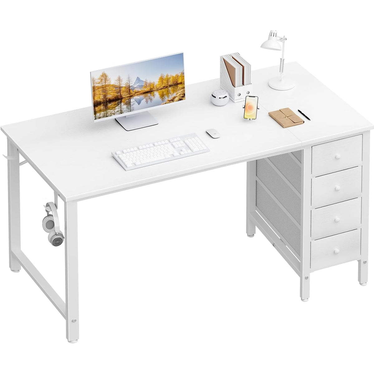Lufeiya White Computer Desk with Drawers - 55 Inch Long Study Work Writing Desk for Home Office Bedroom, Reversible Simple Modern Cute PC Desks with Fabric Drawer, White