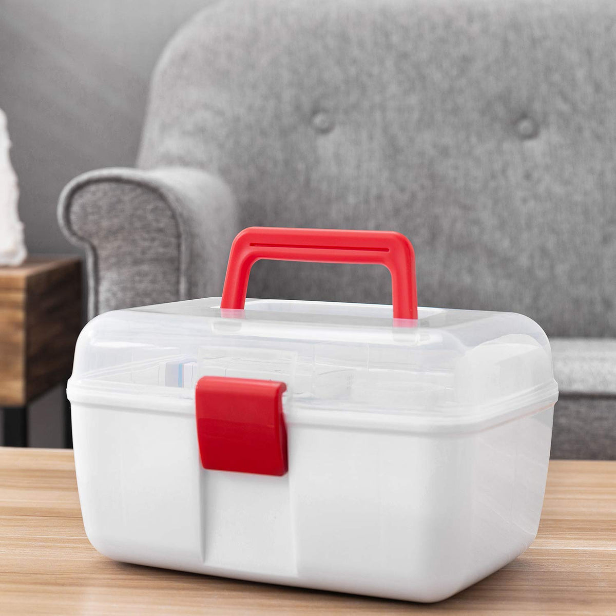 MyGift 10 Inch Multipurpose Portable White Plastic Storage Box with Removable Tray, Clear Lid and and Red Handle and Latch Lock, Home First Aid Storage Tool Box Sewing Kit Organizer Carrying Case