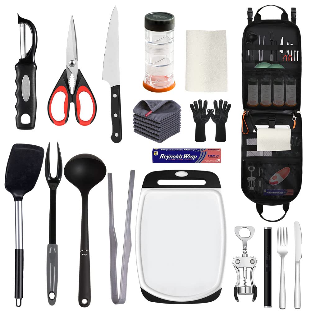 Yorkenbe Camp Kitchen Organizer, High Capacity Camping Cooking Utensils Bag, with Hanging Hooks and Paper Towel Holder, Multi-pocket Waterproof Portable Storage for BBQ Outdoor Cooking Essentials