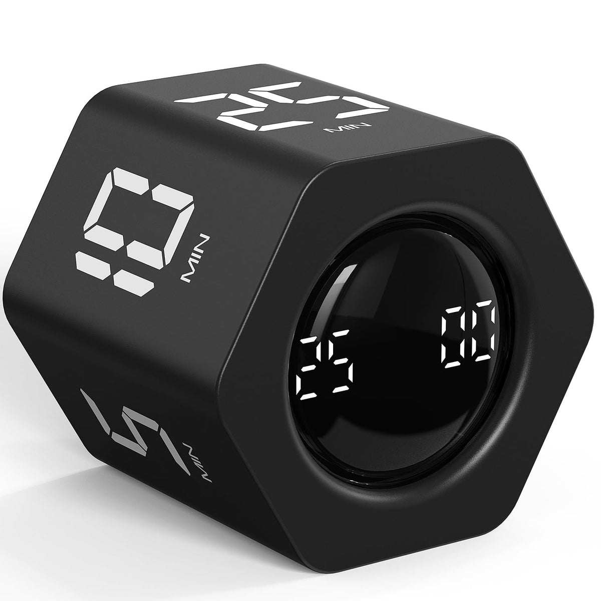 Rotating Pomodoro Timer 5, 25, 10 30,60 Mins Preset Stopwatch, Desk Flip ProductivityTimer, ADHD Tool Hexagon, Vibration/Mute/Alarm, for Work, Study, Back to School, Kitchen, Black
