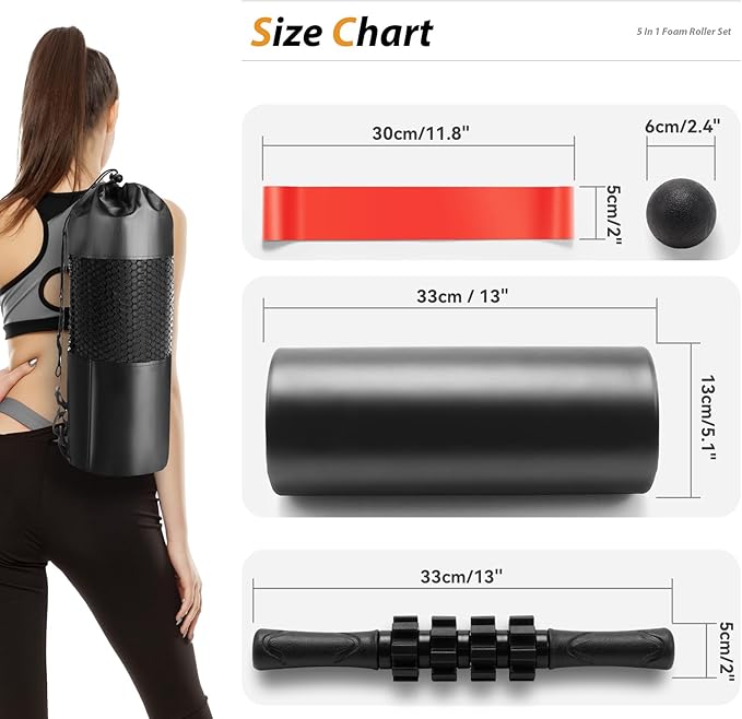 5 in 1 Foam Roller Set - Trigger Point Foam Back Roller, Muscle Roller Stick, Massage Ball, Stretching Band for Deep Muscle Massage Pilates Yoga,Fitness Exercise for Whole Body Release (Pure Black)